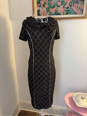 Tatyana Black Midi Dress with White Grid and Bow Collar